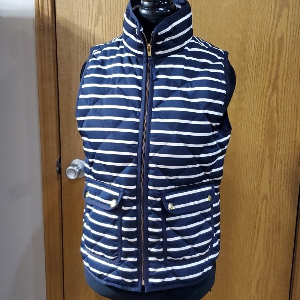 J crew down filled quilted puffer vest navy white striped